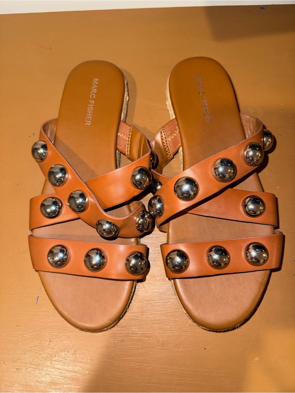 Marc Fisher Cognac Leather Slide Sandals with Silver Dome Studs size 8